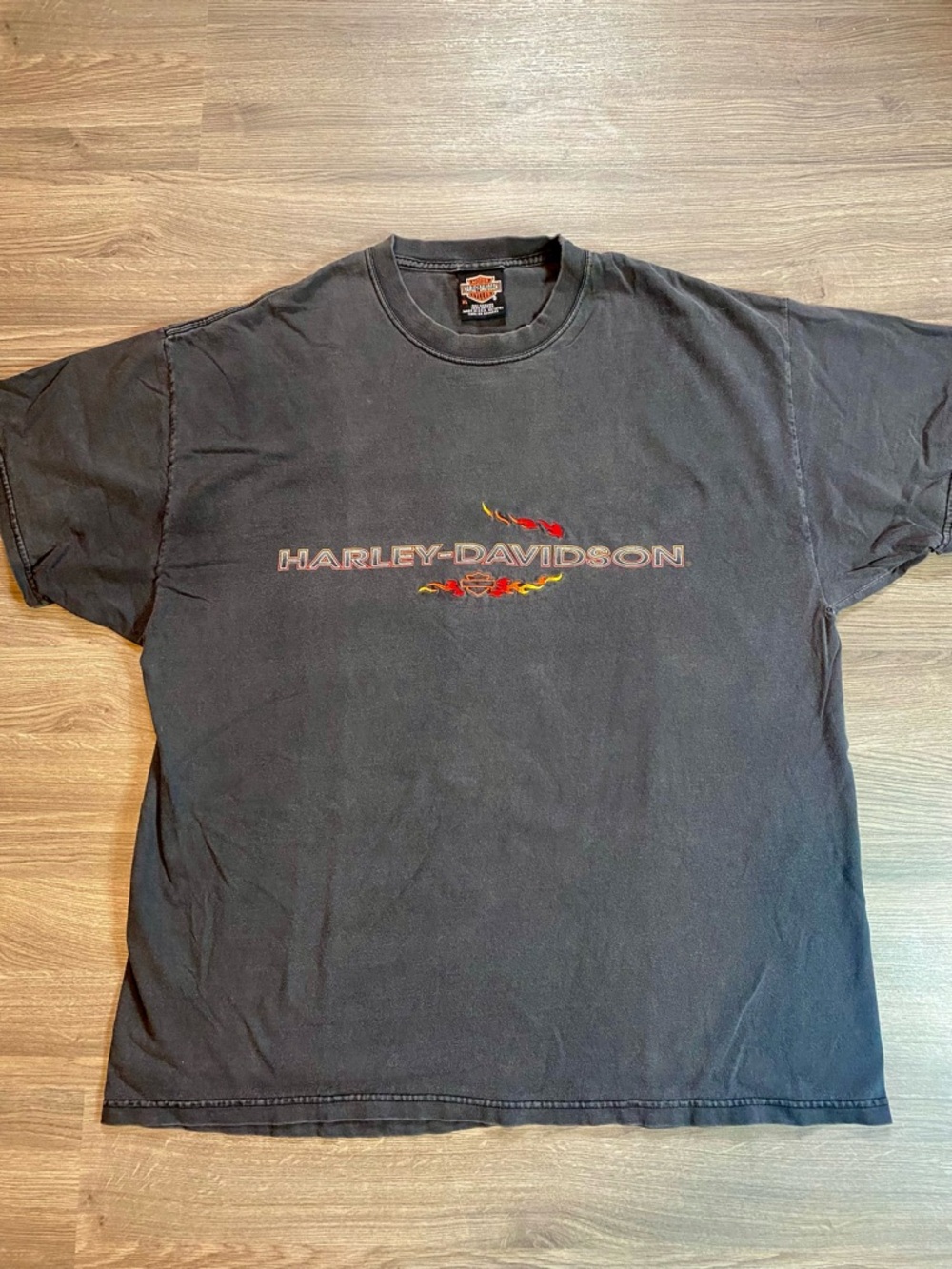 Y2K Harley-Davidson Black Tee with Red and Yellow Embroidered Flames